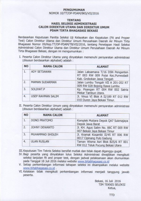 Pengumuman Hasil Seleksi Administrasi Calon Direktur Utama Dan Direktur