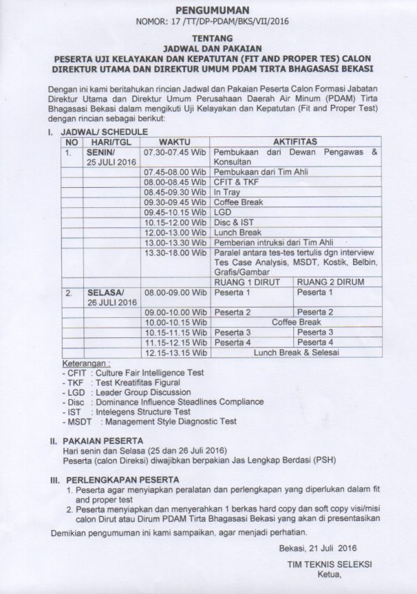 Pengumuman Jadwal Dan Pakaian Peserta Uji Kelayakan Dan Kepatutan Fit And Proper Test Calon